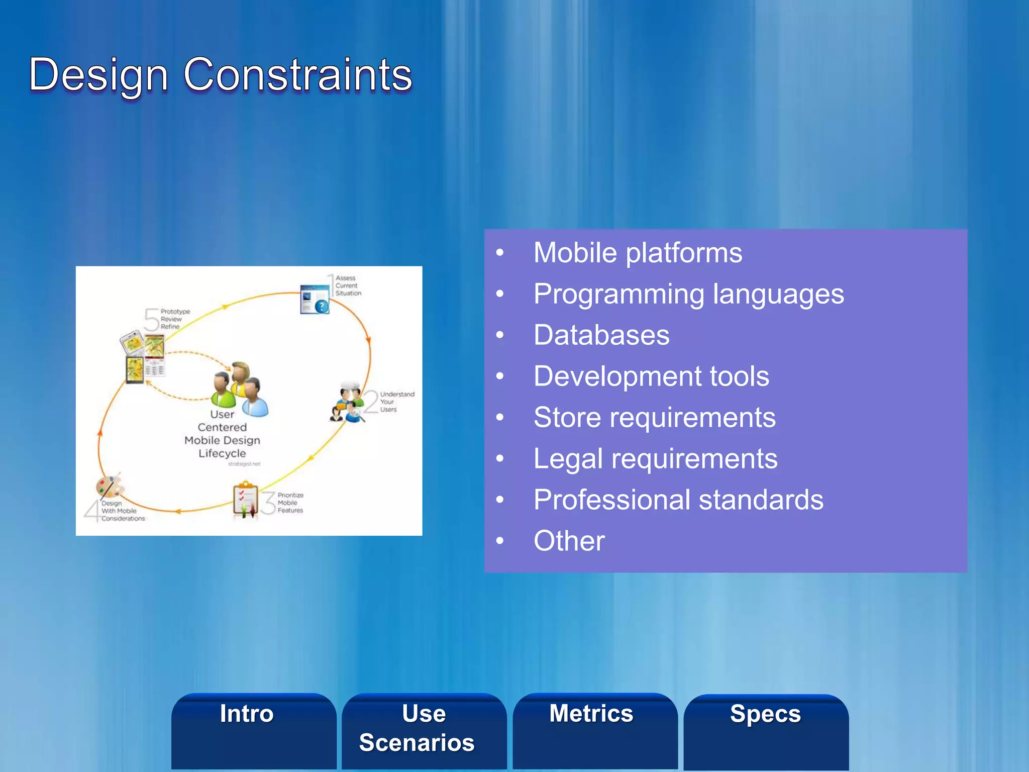 ©2013 LHST sarl
• Mobile platforms
• Programming languages
• Databases
• Development tools
• Store requirements
• Legal requirements
• Professional standards
• Other
Intro Metrics SpecsUse
Scenarios
 
