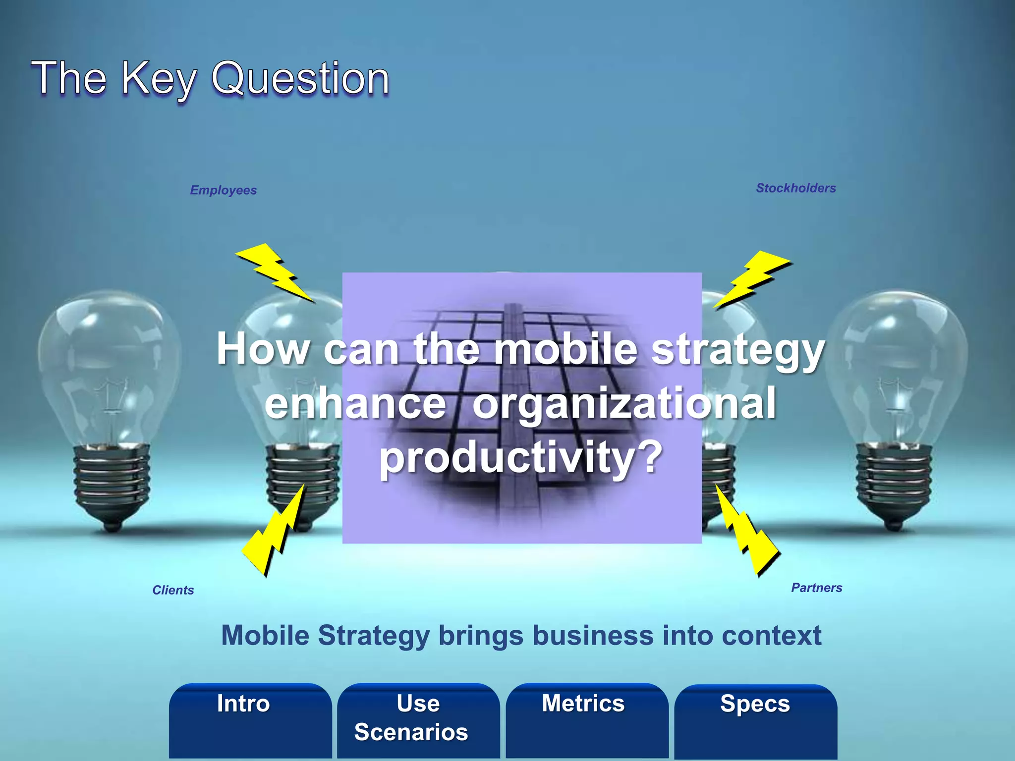 ©2013 LHST sarl
Partners
Stockholders
Clients
Employees
How can the mobile strategy
enhance organizational
productivity?
Mobile Strategy brings business into context
Intro Metrics SpecsUse
Scenarios
 