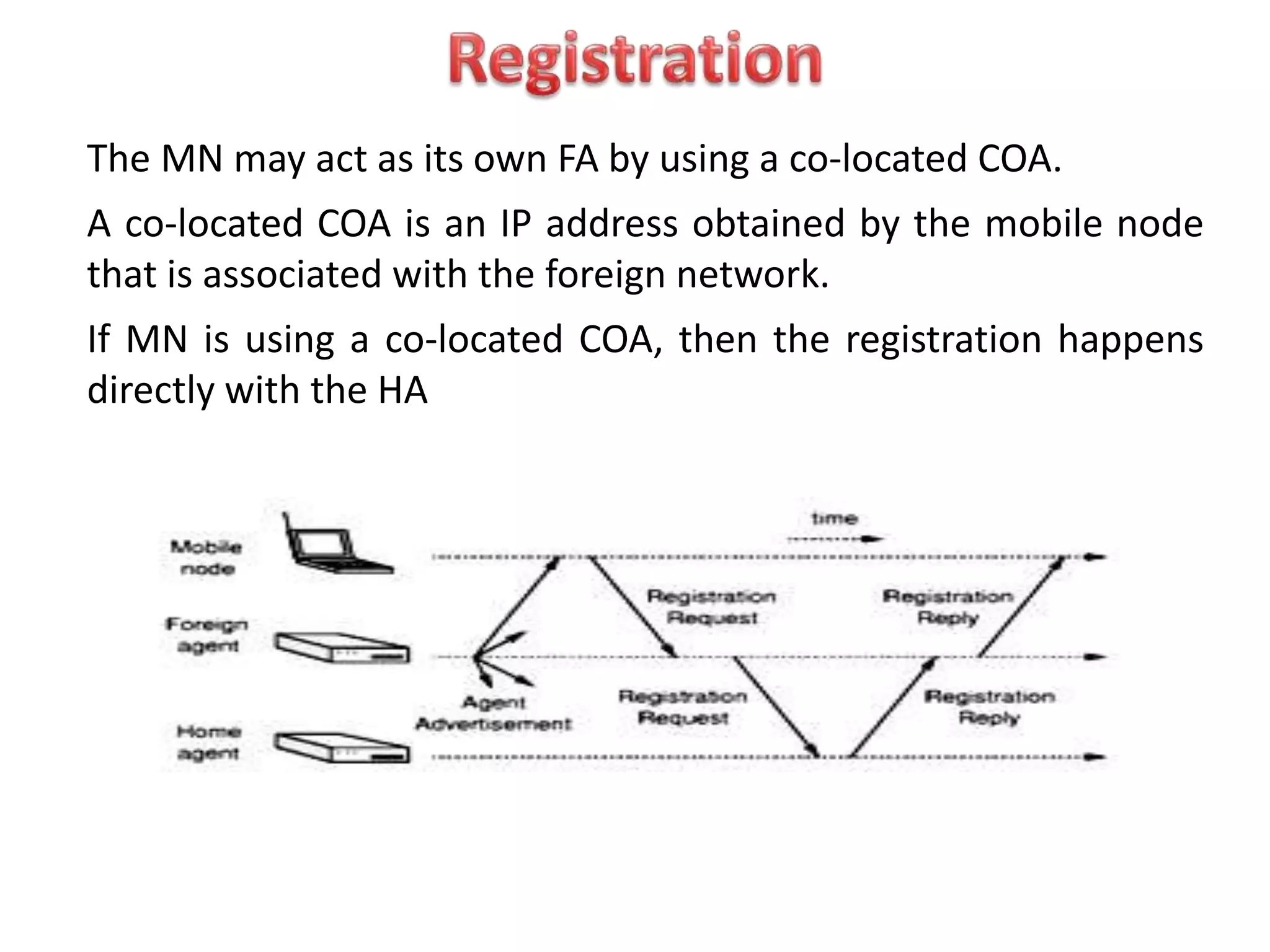 The MN may act as its own FA by using a co-located COA.
A co-located COA is an IP address obtained by the mobile node
that is associated with the foreign network.
If MN is using a co-located COA, then the registration happens
directly with the HA
 