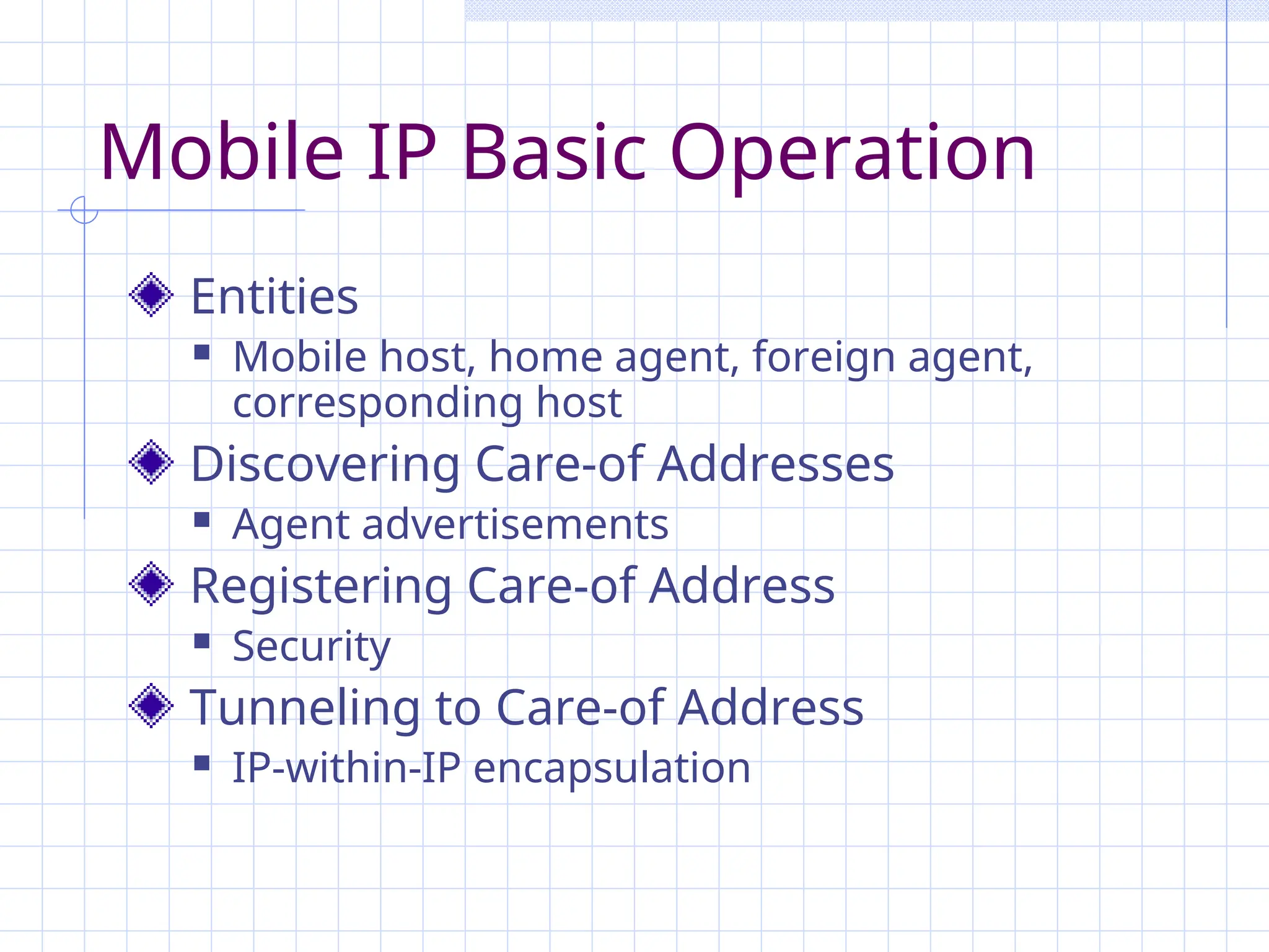 Mobile IP Basic Operation
Entities
 Mobile host, home agent, foreign agent,
corresponding host
Discovering Care-of Addresses
 Agent advertisements
Registering Care-of Address
 Security
Tunneling to Care-of Address
 IP-within-IP encapsulation
 