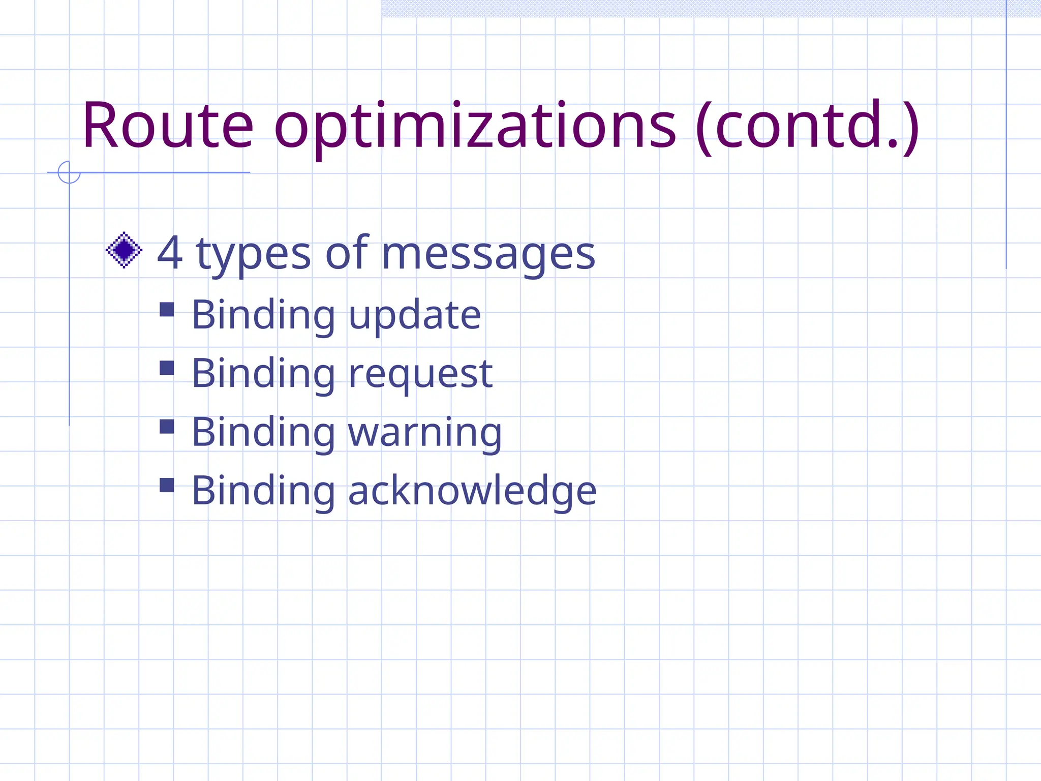 Route optimizations (contd.)
4 types of messages
 Binding update
 Binding request
 Binding warning
 Binding acknowledge
 