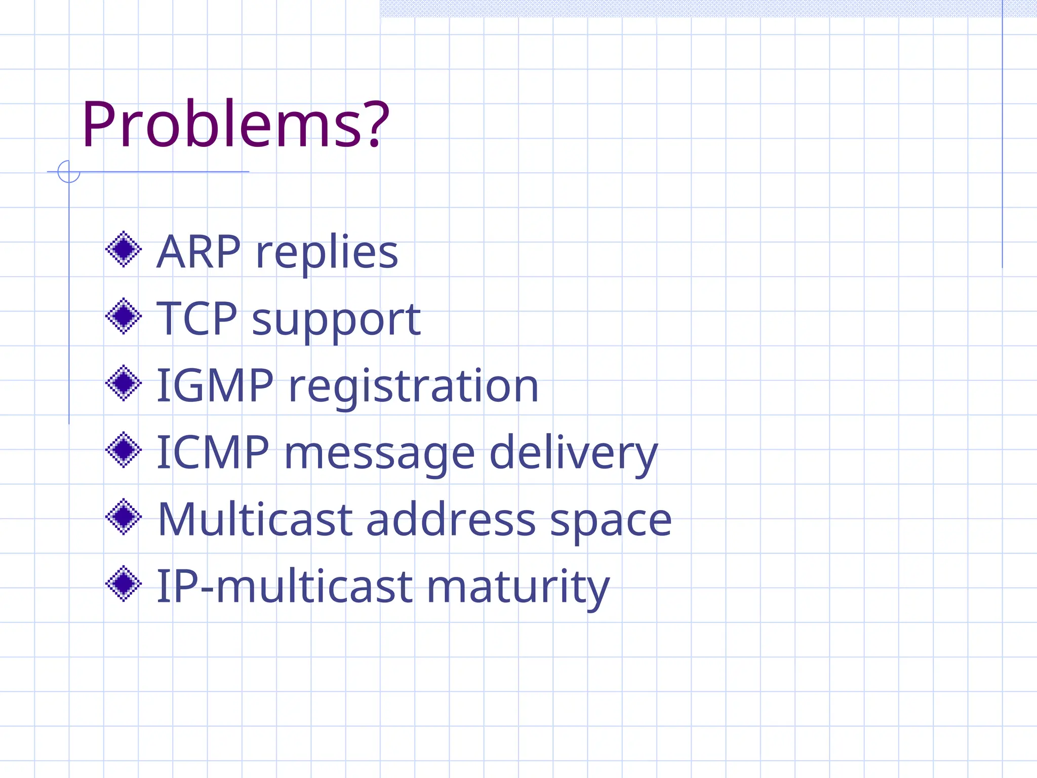 Problems?
ARP replies
TCP support
IGMP registration
ICMP message delivery
Multicast address space
IP-multicast maturity
 