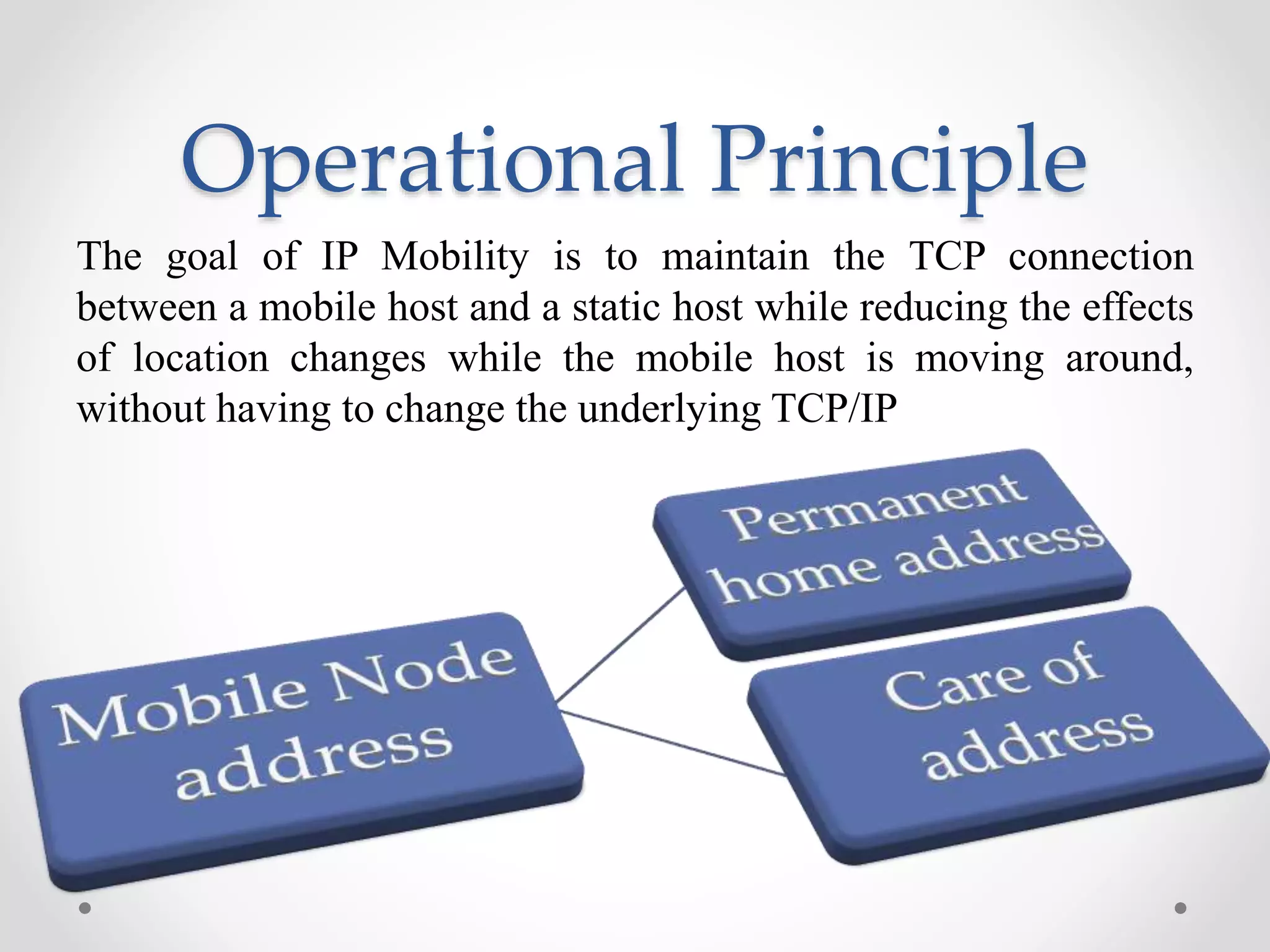 Operational Principle
The goal of IP Mobility is to maintain the TCP connection
between a mobile host and a static host while reducing the effects
of location changes while the mobile host is moving around,
without having to change the underlying TCP/IP
 