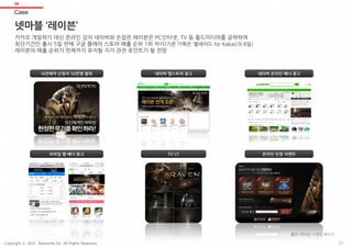 06
넷마블 ‘레이븐’
카카오 게임하기 대신 온라인 강자 네이버와 손잡은 레이븐은 PC인터넷, TV 등 올드미디어를 공략하여
최단기간인 출시 5일 만에 구글 플레이 스토어 매출 순위 1위 차지(기존 기록은 ‘블레이드 for Kakao’의 8일)
레이븐의 매출 순위가 언제까지 유지될 지가 관전 포인트가 될 전망
사전예약 신청자 50만명 돌파
모바일 웹 배너 광고
네이버 앱스토어 광고 네이버 온라인 배너 광고
온라인 런칭 이벤트
Case
TV CF
출처: 레이븐 이벤트 페이지
37Copyright ⓒ 2015 Nasmedia Inc. All Rights Reserved.
 