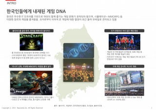 INTRO
- 총 950만장 중 450만장이 한국에서 판매됨 (‘07)
- 스타크래프트 랭킹 1위부터 60위까지 한국인 (‘98)
- 세계 유일의 PC방 문화 정착 (2만여 개 추산)
- 게임의 인기에 힘입어 온게임넷,...