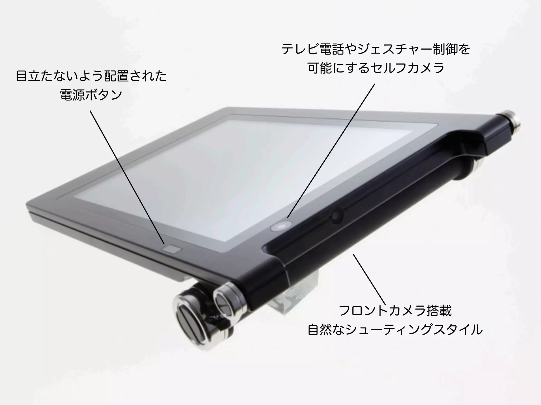 テレビ電話やジェスチャー制御を
                 可能にするセルフカメラ
目立たないよう配置された
    電源ボタン




                   フロントカメラ搭載
                 自然なシューティングスタイル
 
