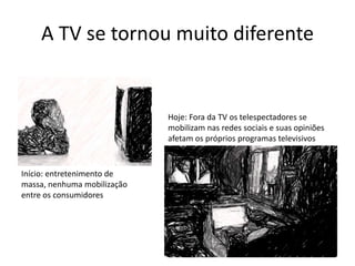 A TV se tornou muito diferente


                             Hoje: Fora da TV os telespectadores se
                             mobilizam nas redes sociais e suas opiniões
                             afetam os próprios programas televisivos


Início: entretenimento de
massa, nenhuma mobilização
entre os consumidores
 