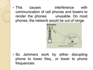    This    causes         interference     with
    communication of cell phones and towers to
    render the phones       unusable. On most
    phones, the network would be out of range.




   So Jammers work by either disrupting
    phone to tower freq.. or tower to phone
    frequencies.
                                                   6
 