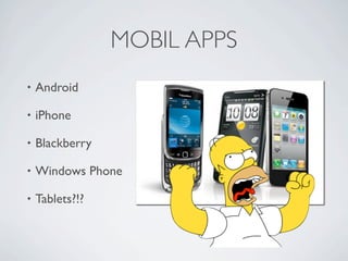 MOBIL APPS
             •   Android

             •   iPhone

             •   Blackberry

             •   Windows Phone

             •   Tablets?!?



Friday, May 25, 12
 