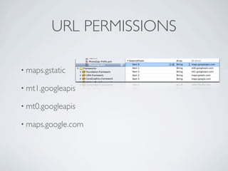 URL PERMISSIONS

               • maps.gstatic

               • mt1.googleapis

               • mt0.googleapis

               • maps.google.com




Friday, May 25, 12
 