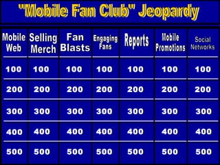 &quot;Mobile Fan Club&quot; Jeopardy Mobile Web 400 100 100 100 100 100 200 200 200 200 200 300 300 300 300 300 400 400 400 400 500 500 500 500 500 100 200 300 400 500 Selling  Merch Fan Blasts Mobile Promotions Engaging  Fans Reports Social Networks 100 200 300 400 500 