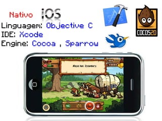 Nativo
Linguagem: Objective C
IDE: Xcode
Engine: Cocoa , Sparrow
 