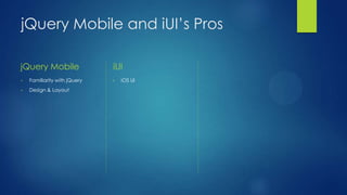 jQuery Mobile and iUI’s Pros
jQuery Mobile
•

Familiarity with jQuery

•

Design & Layout

iUI
•

iOS UI

 