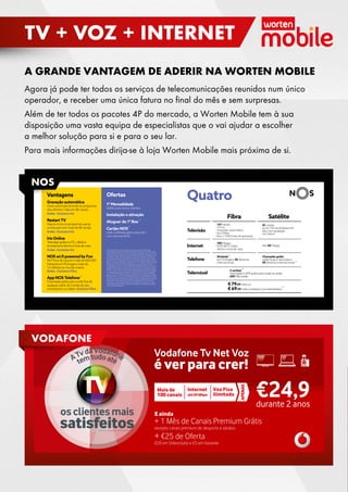 A GRANDE VANTAGEM DE ADERIR NA WORTEN MOBILE
Agora já pode ter todos os serviços de telecomunicações reunidos num único
operador, e receber uma única fatura no final do mês e sem surpresas.
Além de ter todos os pacotes 4P do mercado, a Worten Mobile tem à sua
disposição uma vasta equipa de especialistas que o vai ajudar a escolher
a melhor solução para si e para o seu lar.
Para mais informações dirija-se à loja Worten Mobile mais próxima de si.
VODAFONE
Gravação automática
Grave automaticamente os programas
dos últimos 7 dias em 80 canais.
Grátis • Exclusivo Iris
Restart TV
Veja do início os programas que já
começaram em mais de 80 canais.
Grátis • Exclusivo Iris
Iris Online
Televisão grátis no PC, tablet e
smartphone dentro e fora de casa.
Grátis • Exclusivo Iris
NOS wi.fi powered by Fon
Wi-fi fora de casa em mais de 600.000
hotspots em Portugal e mais de
12 milhões no mundo inteiro.
Grátis • Exclusivo Fibra
App NOS Telefone
Chamadas grátis para a rede fixa de
qualquer parte do mundo do seu
smartphone ou tablet. Exclusivo Fibra
1ª Mensalidade
Válido para novos clientes.
Instalação e ativação
Aluguer da 1ª Box
Cartão NOS
Leve 2 bilhetes pelo preço de 1
nos cinemas NOS.
– Chamadas grátis
redes ficas e nacionais e
50 destinos internacionais
Quatro
Fibra Satélite
Telefone
Telemóvel
Televisão
Internet
– 147 canais
– TV Iris
– Gravação automática
– Iris Online
– Box c/ 500 horas de gravação
– 100 Megas
– NOS Wi-Fi Grátis
dentro e fora de casa
– Ilimitado
em Portugal e 50 destinos
internacionais
(1)
(1)
(2)
– 2 cartões
chamadas e SMS grátis para todas as redes
– 200 MB/cartão
(3)
€ 79,99/mês ou
€ 69,99/mês (mediante 2 portabilidades)
– Até 40 Megas
– 81 canais
– Inclui TVCine & Séries HD
– Box com gravação
– Iris Online
Vantagens
(4)
Ofertas
(1) Para Fibra: Chamadas ilimitadas para a rede fixa nacional 24h/dia.
Chamadas ilimitadas para 50 destinos internacionais das 21h às 9h nos dias
úteis e 24h/dia nos fins de semana e feriados Para Satélite: Plano com 3.000
minutos/mês para chamadas para redes fixas nacionais (nºs iniciados por 2 e
3), 24h/dia e 1.000 minutos/mês para a rede fixa de 50 destinos internacio-
nais nos dias úteis das 21h às 9h e fins de semana e feriados todos os dias.
(2)2.000 minutos e 2.000 SMS /mês por cartão para todas as redes nacionais
(fixas e móveis). Possibilidade de adicionar 3º e 4º cartão por €7,50/mês cada.
(3) Desconto de €5/mês por portabilidade para a rede NOS é limitado a 2
portabilidades de números móveis (4) Oferta do aluguer da box em todos os
pacotes Fibra durante 24 meses . Oferta dos primeiros 12 meses de aluguer
da BOX 1.0 HD ou BOX 1.0 HD+DVR na adesão aos pacotes Satélite. Após o
12º mês, aplicam-se as mensalidades de €3,49 (BOX 1.0 HD) ou €5,50 (BOX
1.0 HD+DVR) referentes ao aluguer do equipamento. Nos pacotes satélite
apenas a BOX 1.0 HD+DVR permite gravação (5) Envio antecipado do Cartão
NOS para novos e atuais clientes NOS que adiram aos pacotes Quatro (envio
até um mês a partir da data de ativação do pacote). Fidelização de 24 meses
na adesão a todos os pacotes para novos e atuais clientes. A informação
nesta página, nomeadamente tarifários e condições, encontra-se em vigor
à data de saída desta edição, salvo erros tipográficos e poderá ser alterada
nos termos da lei aplicável.
(5)
(2)
Gravação automática
Grave automaticamente os programas
dos últimos 7 dias em 80 canais.
Grátis • Exclusivo Iris
Restart TV
Veja do início os programas que já
começaram em mais de 80 canais.
Grátis • Exclusivo Iris
Iris Online
Televisão grátis no PC, tablet e
smartphone dentro e fora de casa.
Grátis • Exclusivo Iris
NOS wi.fi powered by Fon
Wi-fi fora de casa em mais de 600.000
hotspots em Portugal e mais de
12 milhões no mundo inteiro.
Grátis • Exclusivo Fibra
App NOS Telefone
Chamadas grátis para a rede fixa de
qualquer parte do mundo do seu
smartphone ou tablet. Exclusivo Fibra
1ª Mensalidade
Válido para novos clientes.
Instalação e ativação
Aluguer da 1ª Box
Cartão NOS
Leve 2 bilhetes pelo preço de 1
nos cinemas NOS.
– Chamadas grátis
redes ficas e nacionais e
50 destinos internacionais
Quatro
Fibra Satélite
Telefone
Telemóvel
Televisão
Internet
– 147 canais
– TV Iris
– Gravação automática
– Iris Online
– Box c/ 500 horas de gravação
– 100 Megas
– NOS Wi-Fi Grátis
dentro e fora de casa
– Ilimitado
em Portugal e 50 destinos
internacionais
(1)
(1)
(2)
– 2 cartões
chamadas e SMS grátis para todas as redes
– 200 MB/cartão
(3)
€ 79,99/mês ou
€ 69,99/mês (mediante 2 portabilidades)
– Até 40 Megas
– 81 canais
– Inclui TVCine & Séries HD
– Box com gravação
– Iris Online
Vantagens
(4)
Ofertas
(1) Para Fibra: Chamadas ilimitadas para a rede fixa nacional 24h/dia.
Chamadas ilimitadas para 50 destinos internacionais das 21h às 9h nos dias
úteis e 24h/dia nos fins de semana e feriados Para Satélite: Plano com 3.000
minutos/mês para chamadas para redes fixas nacionais (nºs iniciados por 2 e
3), 24h/dia e 1.000 minutos/mês para a rede fixa de 50 destinos internacio-
nais nos dias úteis das 21h às 9h e fins de semana e feriados todos os dias.
(2)2.000 minutos e 2.000 SMS /mês por cartão para todas as redes nacionais
(fixas e móveis). Possibilidade de adicionar 3º e 4º cartão por €7,50/mês cada.
(3) Desconto de €5/mês por portabilidade para a rede NOS é limitado a 2
portabilidades de números móveis (4) Oferta do aluguer da box em todos os
pacotes Fibra durante 24 meses . Oferta dos primeiros 12 meses de aluguer
da BOX 1.0 HD ou BOX 1.0 HD+DVR na adesão aos pacotes Satélite. Após o
12º mês, aplicam-se as mensalidades de €3,49 (BOX 1.0 HD) ou €5,50 (BOX
1.0 HD+DVR) referentes ao aluguer do equipamento. Nos pacotes satélite
apenas a BOX 1.0 HD+DVR permite gravação (5) Envio antecipado do Cartão
NOS para novos e atuais clientes NOS que adiram aos pacotes Quatro (envio
até um mês a partir da data de ativação do pacote). Fidelização de 24 meses
na adesão a todos os pacotes para novos e atuais clientes. A informação
nesta página, nomeadamente tarifários e condições, encontra-se em vigor
à data de saída desta edição, salvo erros tipográficos e poderá ser alterada
nos termos da lei aplicável.
(5)
(2)
NOS
TV + VOZ + INTERNET
 