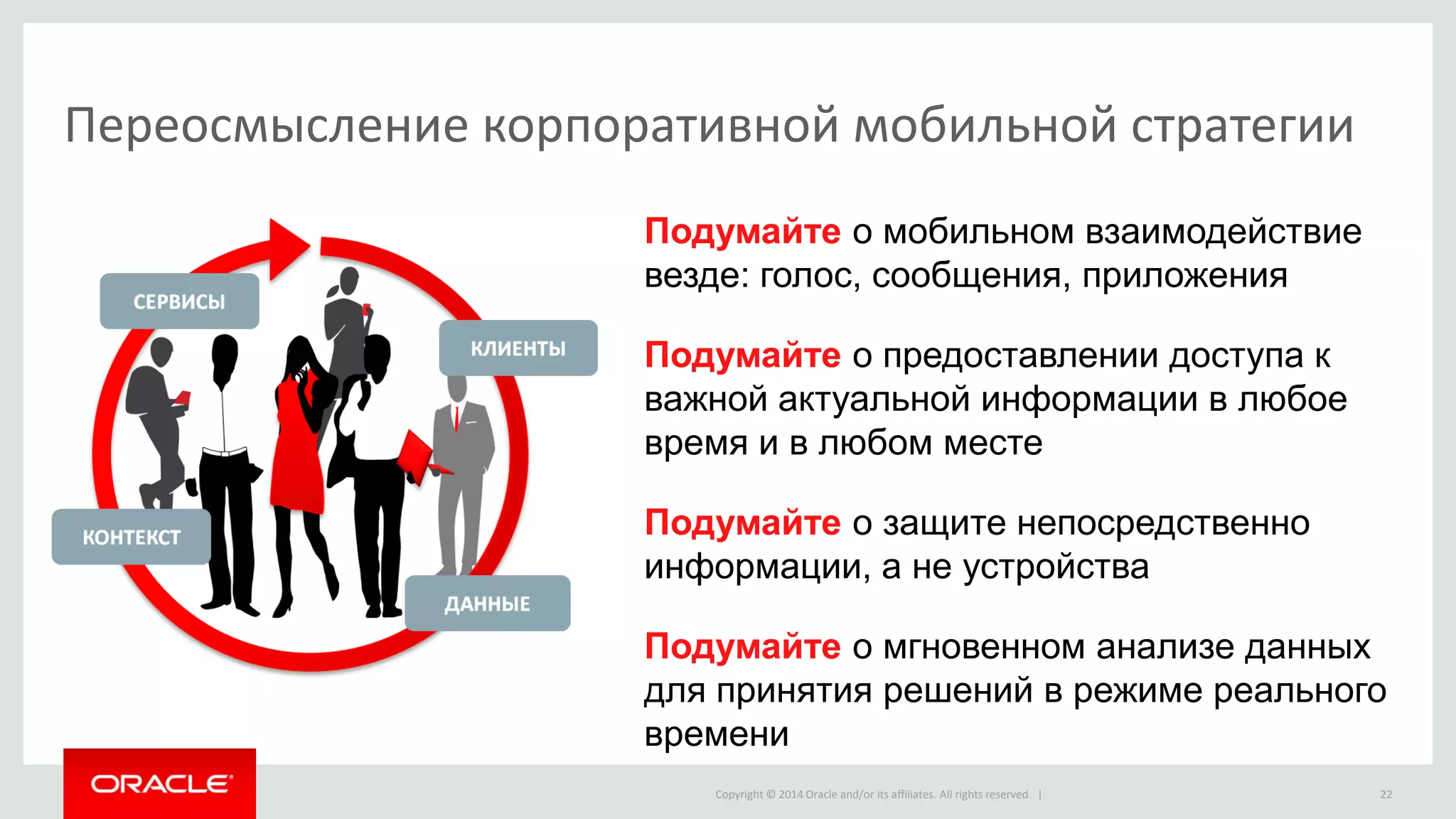 Copyright © 2014 Oracle and/or its affiliates. All rights reserved. | 
Подумайте о мобильном взаимодействие везде: голос, сообщения, приложения 
Подумайте о предоставлении доступа к важной актуальной информации в любое время и в любом месте 
Подумайте о защите непосредственно информации, а не устройства 
Подумайте о мгновенном анализе данных для принятия решений в режиме реального времени 
Переосмысление корпоративной мобильной стратегии 
22  