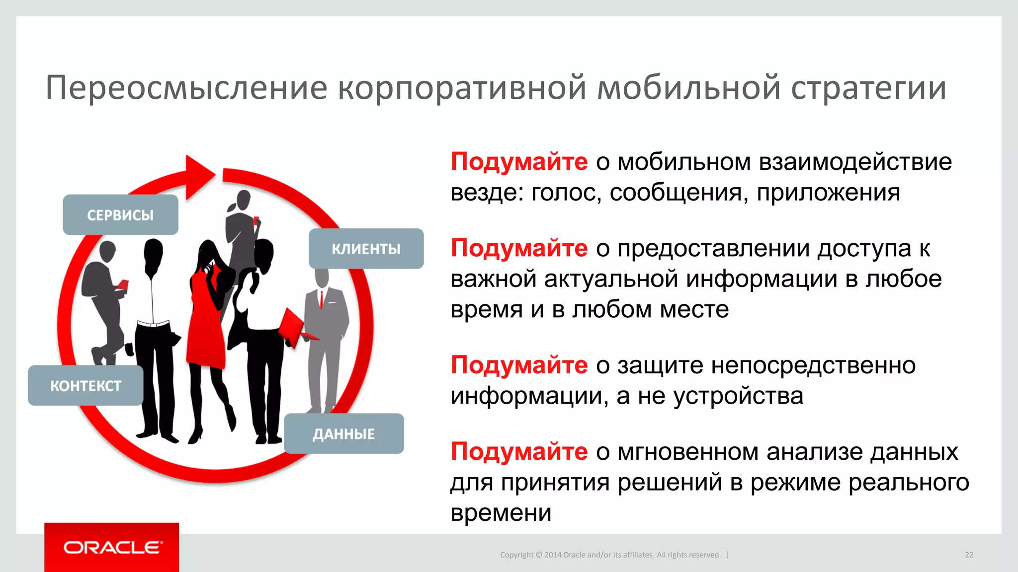 Copyright © 2014 Oracle and/or its affiliates. All rights reserved. | 
Подумайте о мобильном взаимодействие везде: голос, сообщения, приложения 
Подумайте о предоставлении доступа к важной актуальной информации в любое время и в любом месте 
Подумайте о защите непосредственно информации, а не устройства 
Подумайте о мгновенном анализе данных для принятия решений в режиме реального времени 
Переосмысление корпоративной мобильной стратегии 
22  