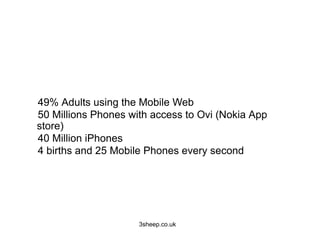 49% Adults using the Mobile Web
50 Millions Phones with access to Ovi (Nokia App
store)
40 Million iPhones
4 births and 25 Mobile Phones every second




                     3sheep.co.uk
 