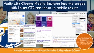 #MobileKWresearch at #PubconAustin by @Aleyda from @Orainti
Verify with Chrome Mobile Emulator how the pages
with Lower CTR are shown in mobile results
GOOGLE SEARCH
CONSOLE +
GOOGLE ANALYTICS
+ URL PROFILER
 