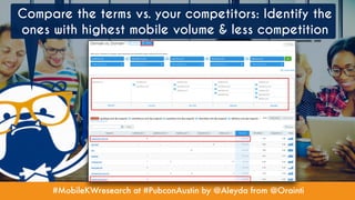 #MobileKWresearch at #PubconAustin by @Aleyda from @Orainti
Compare the terms vs. your competitors: Identify the
ones with highest mobile volume & less competition
 