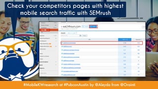 #MobileKWresearch at #PubconAustin by @Aleyda from @Orainti
Check your competitors pages with highest
mobile search traffic with SEMrush
 