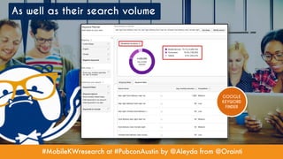 #MobileKWresearch at #PubconAustin by @Aleyda from @Orainti
As well as their search volume
GOOGLE
KEYWORD
FINDER
 