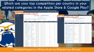 #MobileKWresearch at #PubconAustin by @Aleyda from @Orainti
Which are your top competitors per country in your
related categories in the Apple Store & Google Play?
 