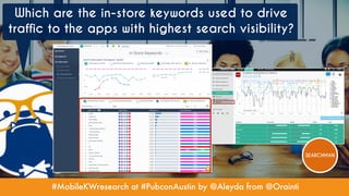 #MobileKWresearch at #PubconAustin by @Aleyda from @Orainti
Which are the in-store keywords used to drive
traffic to the apps with highest search visibility?
SEARCHMAN
 