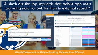#MobileKWresearch at #PubconAustin by @Aleyda from @Orainti
& which are the top keywords that mobile app users
are using more to look for them in external search?
 