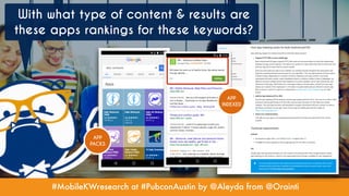 #MobileKWresearch at #PubconAustin by @Aleyda from @Orainti
With what type of content & results are
these apps rankings for these keywords?
APP
PACKS
APP
INDEXED
 