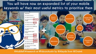 #MobileKWresearch at #PubconAustin by @Aleyda from @Orainti
You will have now an expanded list of your mobile
keywords w/ their most useful metrics to prioritize them
Search
Volume
Competition
Relevance
Seasonality
Current
Rankings
CTR
Conversion
Rate
Mobile Web
& App
+
 