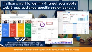 #MobileKWresearch at #PubconAustin by @Aleyda from @Orainti
It’s then a must to identify & target your mobile
Web & app audience specific search behavior
http://www.aleydasolis.com/en/search-engine-
optimization/optimizing-mobile-queries-near-you/
 