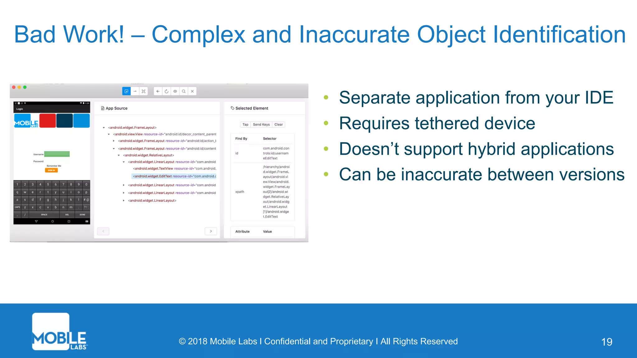 © 2018 Mobile Labs l Confidential and Proprietary I All Rights Reserved 19
Bad Work! – Complex and Inaccurate Object Identification
• Separate application from your IDE
• Requires tethered device
• Doesn’t support hybrid applications
• Can be inaccurate between versions
 