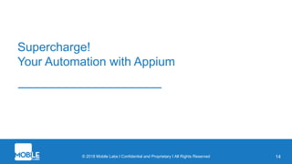 © 2018 Mobile Labs l Confidential and Proprietary I All Rights Reserved
Supercharge!
Your Automation with Appium
14
 