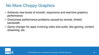 © 2018 Mobile Labs l Confidential and Proprietary I All Rights Reserved 24
No More Choppy Graphics
• Achieves new levels of smooth, responsive and real-time graphics
performance
• Overcomes performance problems caused by remote, limited
bandwidth
• Game changer for apps involving video and audio, like gaming, content
streaming, etc.
 