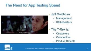 © 2018 Mobile Labs l Confidential and Proprietary I All Rights Reserved 3
The Need for App Testing Speed
• Jeff Goldblum:
• Management
• Stakeholders
• The T-Rex is:
• Customers
• Competitors
• Product Defects
 