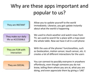 Why are these apps important and popular to us? They are SOCIAL They are INSTANT They make our daily life so ACCESSIBLE Al...