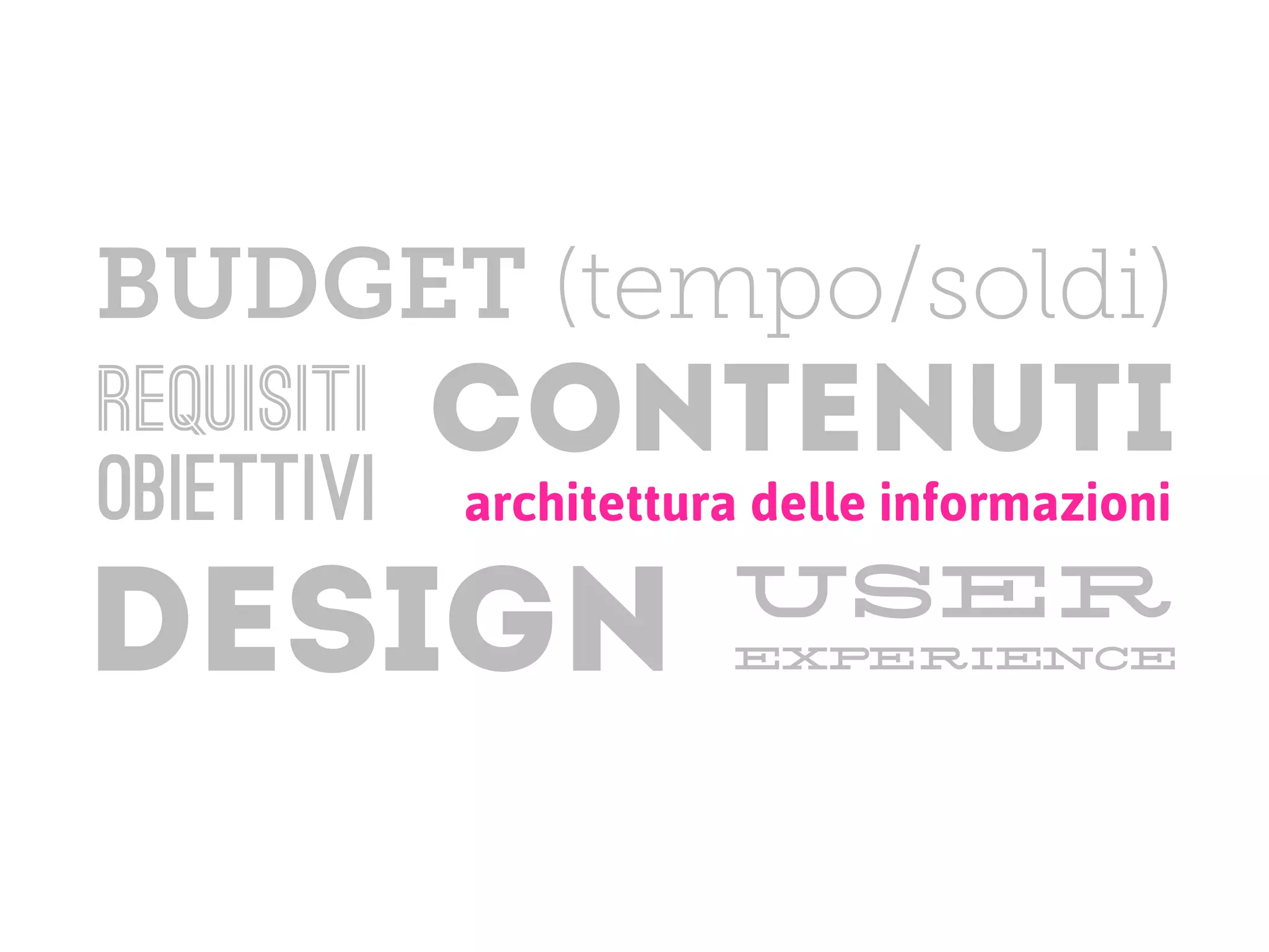 BUDGET (tempo/soldi)
requisiti   contenuti
obiettivi   architettura delle informazioni
                       user
DESIGN                 experience
 