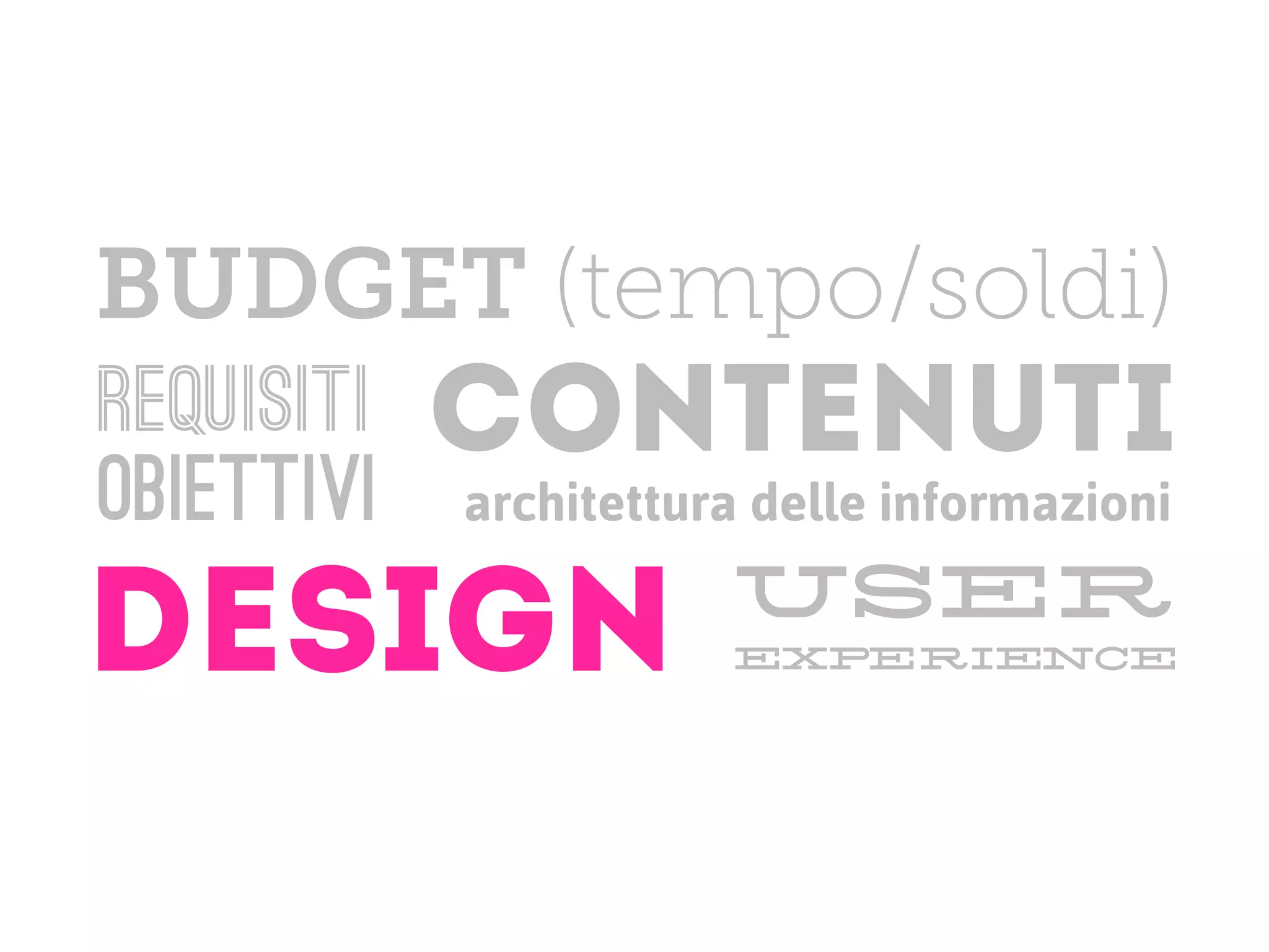 BUDGET (tempo/soldi)
requisiti   contenuti
obiettivi   architettura delle informazioni
                       user
DESIGN                 experience
 