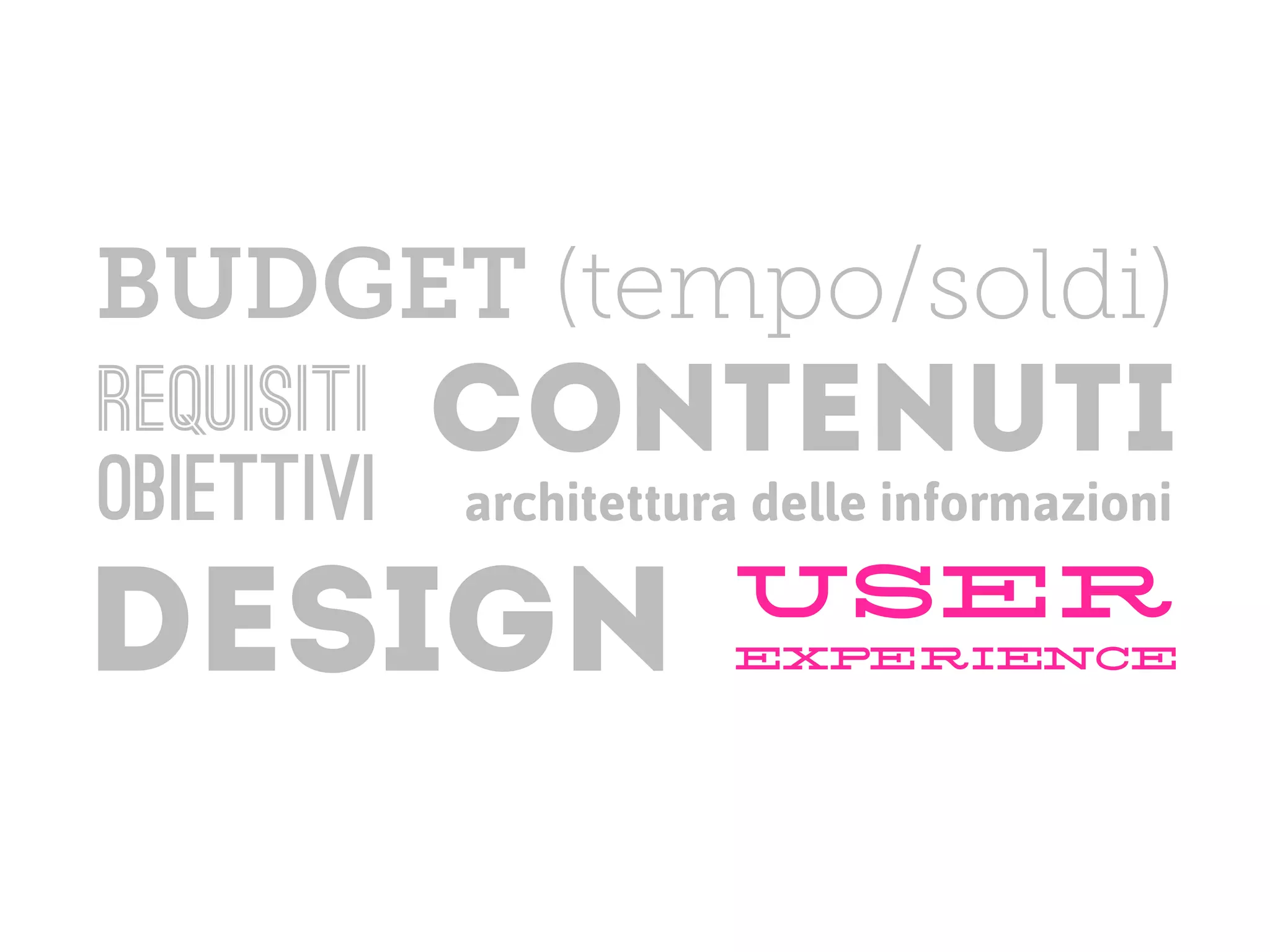 BUDGET (tempo/soldi)
requisiti   contenuti
obiettivi   architettura delle informazioni
                       user
DESIGN                 experience
 