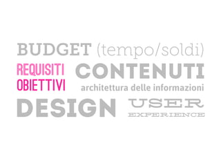 BUDGET (tempo/soldi)
requisiti   contenuti
obiettivi   architettura delle informazioni
                       user
DESIGN                 experience
 