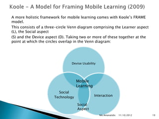 A more holistic framework for mobile learning comes with Koole‟s FRAME
model.
This consists of a three-circle Venn diagram comprising the Learner aspect
(L), the Social aspect
(S) and the Device aspect (D). Taking two or more of these together at the
point at which the circles overlap in the Venn diagram:




                                Devise Usability




                                    Mobile
                                    Learning
                         Social
                       Technology              Interaction

                                    Social
                                    Aspect
                                                   Nik Amanatidis   11/10/2012   19
 