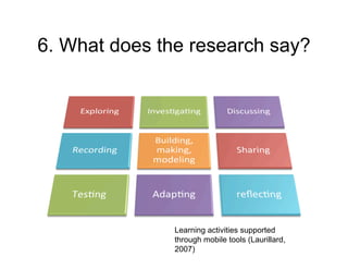 6. What does the research say?




               Learning activities supported
               through mobile tools (Laurillard,
               2007)
 