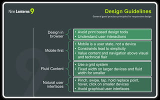 Design in
browser
• Avoid print based design tools
• Understand user interactions
Mobile first
• Mobile is a user state, not a device
• Constraints lead to simplicity
• Value content and navigation above visual
and technical flair
Fluid Content
• Use a grid system
• Fixed width on larger devices and fluid
width for smaller
Natural user
interfaces
• Pinch, swipe, tap, hold replace point,
hover, click on smaller devices
• Avoid graphical user interfaces
Design Guidelines
General good practice principles for responsive design
 