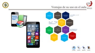 Ventajas de su uso en el aula
FinalizarPrincipal SiguienteAnterior
Aprendizaje
Centrado
en el alumno y en el
contextoAutonomía
Multifun
cionalid
ad
con los distintos
sensores, video,
acelerómetros,etc.
Motivación
Fácil uso
está integrado en la
vida de losalumnos
Comprensión
de
Conocimientos
Evaluación
formativa
Evaluación
sumativa
Diversidad
Actividades
lúdicas
Acceso de
Información
 