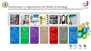 Limitaciones y superaciones del Mobile E-learning.
FinalizarPrincipal SiguienteAnterior
Pantallas
pequeñas
Actualmente las
pantallas de los
Smartphones y
las tablets tienen
un tamaño
mucho mayor.
Lo importante es
adaptar los
contenidos y
actividades al
ML.
Introducción de
datos en la
interfaz del
usuario
Existen algunas
soluciones como
el reconocimiento
de voz y el
reconocimiento
de trazos de
escritura natural.
Fuente de
distracción
Es importante
dejar claro al
inicio de la
actividad las
indicaciones
de uso.
No hay
estandarización
en los terminales
Sería conveniente
trabajar en HTML
5 y no en Flash.
De esta forma,
nos aseguramos
que va a ser
visible por la
mayoría de los
dispositivos.
Las capacidades
de cálculo son
limitadas
Con las
innovaciones
tecnológicas en
los smartphones,
cada vez
aumentan más
las capacidades
de cálculo.
Autonomía de la
batería
Actualmente las
baterías son
poco duraderas,
aunque se están
creando baterías
más duraderas.
Las tablets tienen
mayor duración
de la batería que
los smartphones.
Limitación en el
almacenamiento
Con las
posibilidades que
ofrece el cloud
computing (nube)
pueden permitirse
gran cantidad de
almacenamiento
de contenido
fuera del
dispositivo.
 