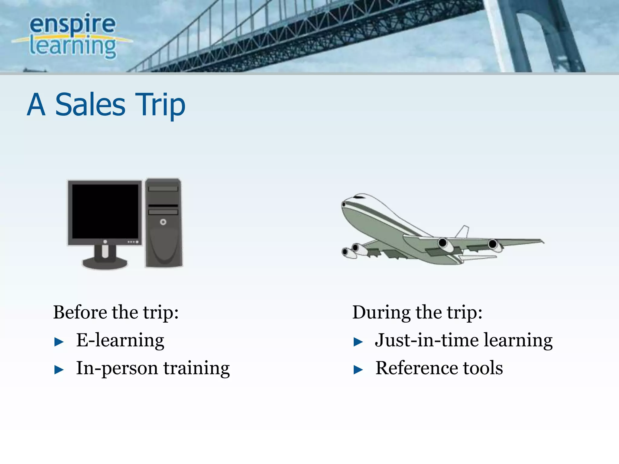 A Sales TripBefore the trip:E-learningIn-person trainingDuring the trip:Just-in-time learningReference tools