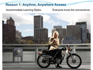 Reason 1: Anytime, Anywhere Access 
Accommodate Learning Styles. Everyone loves the convenience. 
 