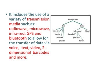 • It includes the use of a
variety of transmission
media such as:
radiowave, microwave,
infra-red, GPS and
bluetooth to allow for
the transfer of data via
voice, text, video, 2-
dimensional barcodes
and more.
 