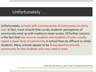 Unfortunately . . .

Unfortunately, schools with a strong sense of community are fairly
rare. In fact, most schools that survey students' perceptions of
community wind up with mediocre mean scores. Of further concern
is the fact that low-income students and students of color usually
report a lower level of community in school than do affluent or white
students. Many schools appear to be ill-equipped to provide
community for the students who may need it most.




                                                 Schaps, Battistich, & Solomon, 1997 in Snaps’ Creating a School Community
            http://www.ascd.org/publications/educational-leadership/mar03/vol60/num06/Creating-a-School-Community.aspx
 