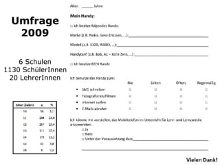 Umfrage
2009
6 Schulen
1130 SchülerInnen
20 LehrerInnen
 